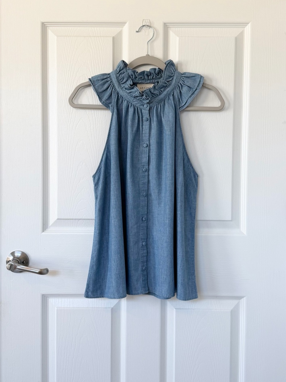 Sezane Charlotte Ruffle Neck Chambray Denim Tank Top - Picture 3 of 7